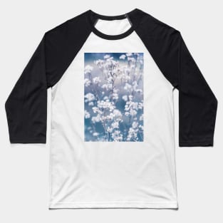 White Flowers With Blue and Grey Background Baseball T-Shirt